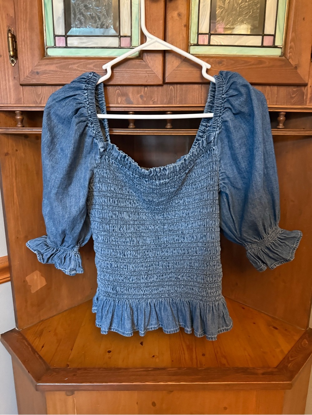 GAP Puff Sleeve Denim Smocked Peplum Top M